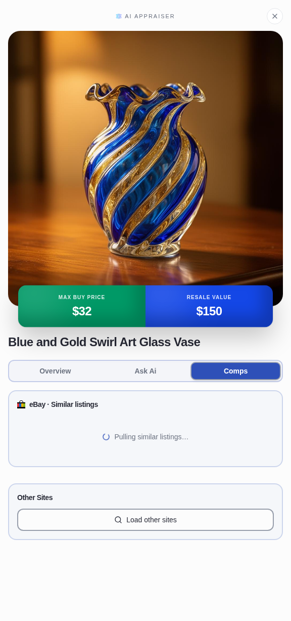 Actual EstateSaleFinder Comps tab prepared to compare similar eBay listings and other sales sources