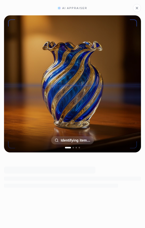 Actual EstateSaleFinder Ai Appraiser analyzing a clear photograph of a blue and gold art-glass vase