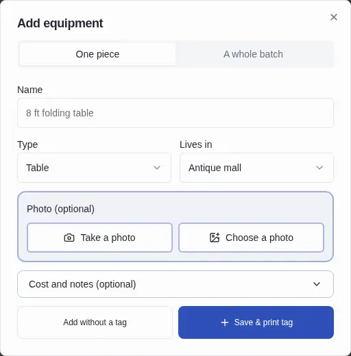 Actual Add equipment screen with photo, type, home location, cost, and optional tag choices