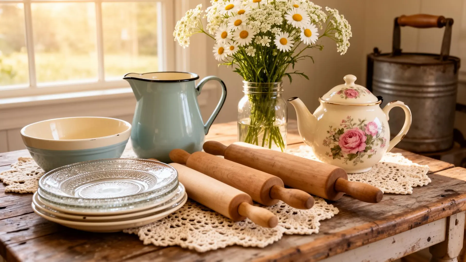 A cottagecore estate sale haul styled on a weathered farmhouse table near a sunny window — pale blue enamelware pitcher, pressed glass dessert plates, three wooden rolling pins, a chintz teapot with pink roses, and daisies in a mason jar.