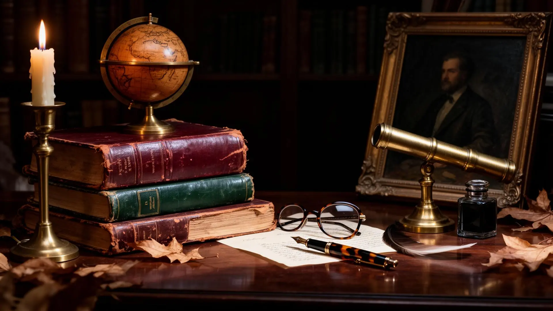 A dark academia still life on a heavy mahogany desk in candlelight — stacked oxblood and forest leather-bound books, an antique brass candlestick with a burning ivory taper, a small wooden globe on a brass stand, a brass telescope, a gilt-framed oil painting, fountain pen and inkwell, tortoiseshell glasses, and dried oak leaves.