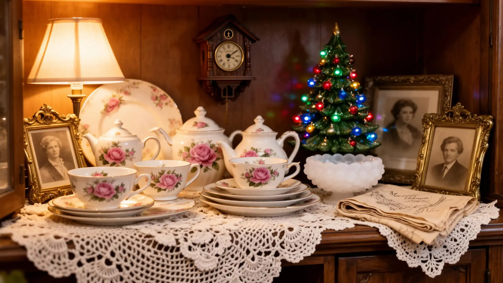A grandmacore china cabinet shelf overflowing with a mismatched pink-rose bone china tea set, layered crochet doilies, a glowing ceramic Christmas tree, a small cuckoo clock, milk glass candy dish, and sepia-photo brass picture frames, all in warm tungsten lamp light.
