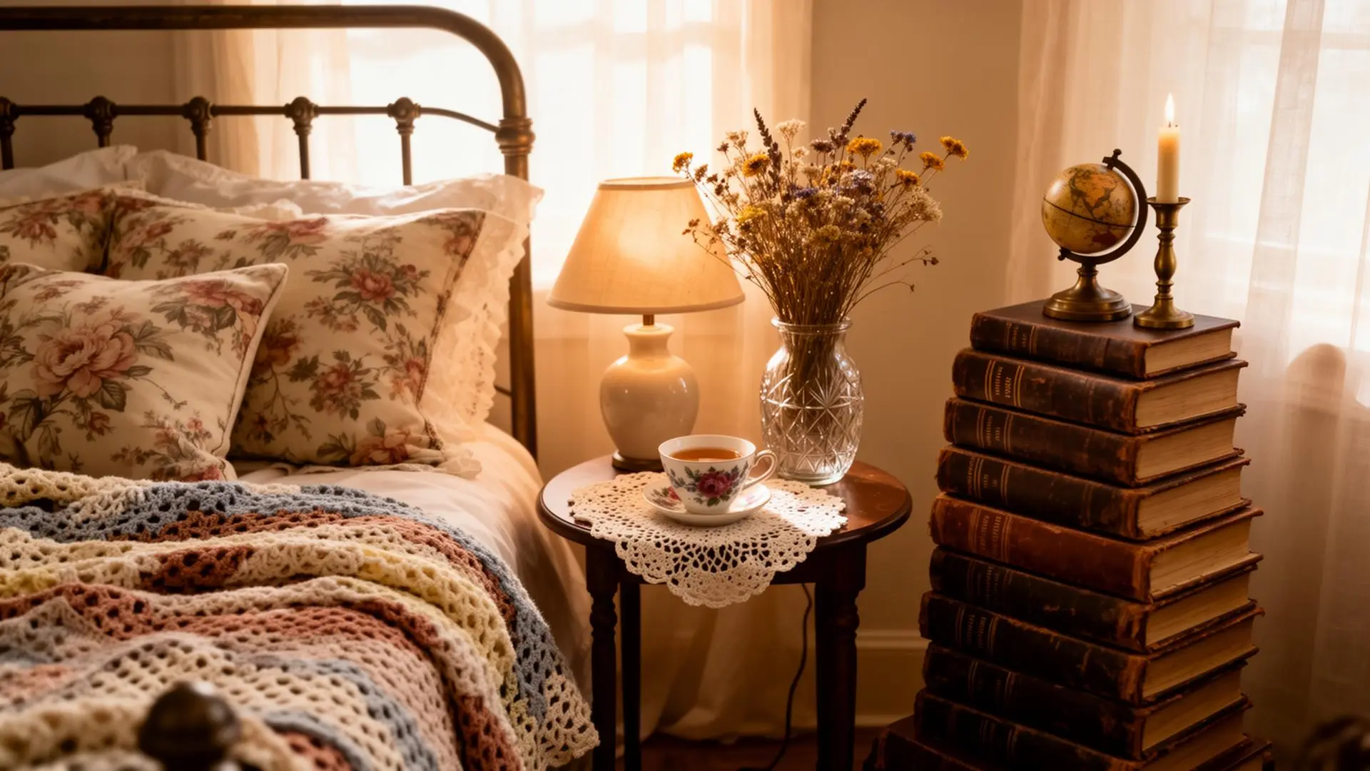 A cozy styled bedroom corner blending all three aesthetics — a vintage iron bed with crochet afghan and floral chintz pillows, a doilied bedside table with a floral teacup, and a tall stack of leather-bound books topped with a brass candlestick and small wooden globe, glowing in soft afternoon sun through sheer curtains.