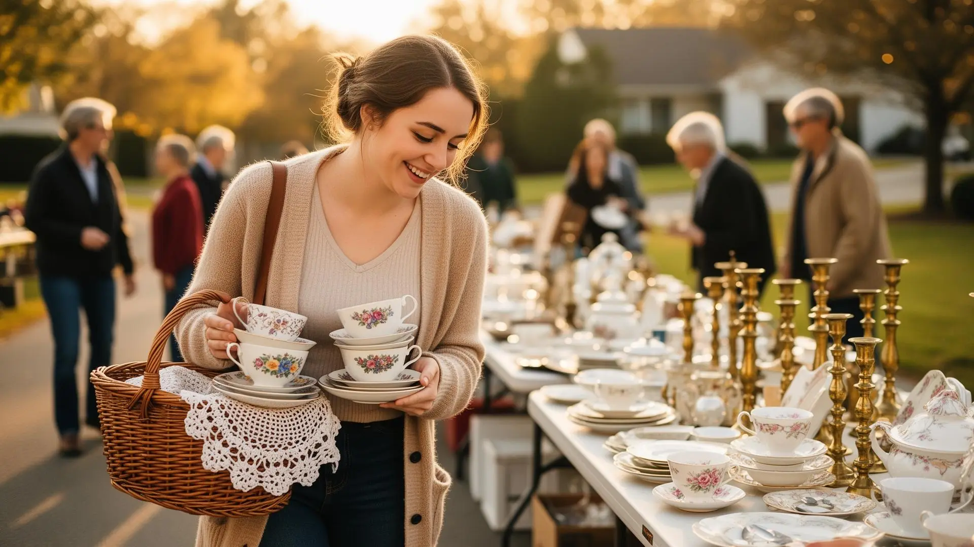 A young woman in her twenties in a soft cardigan with a wicker basket, smiling as she examines a stack of vintage floral teacups and a crocheted doily at an estate sale in the golden morning light.