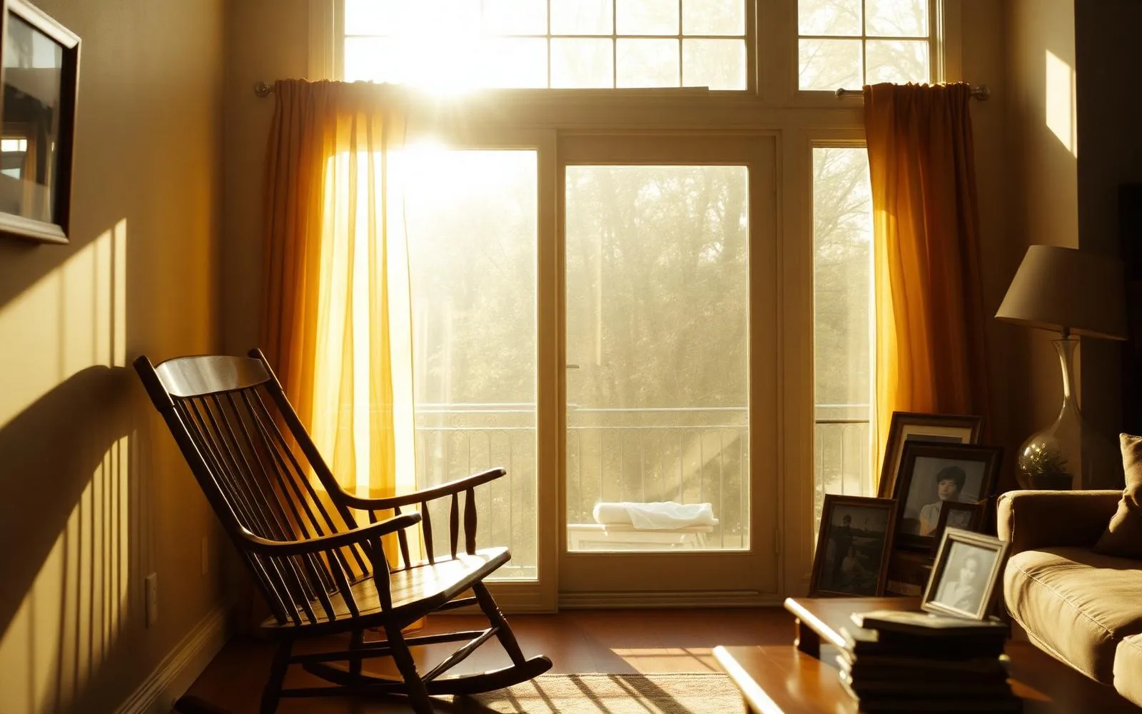 Sunlit family living room with a wooden rocking chair beside a window