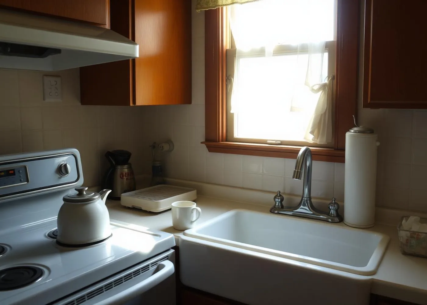 Quiet morning kitchen with kettle and cup
