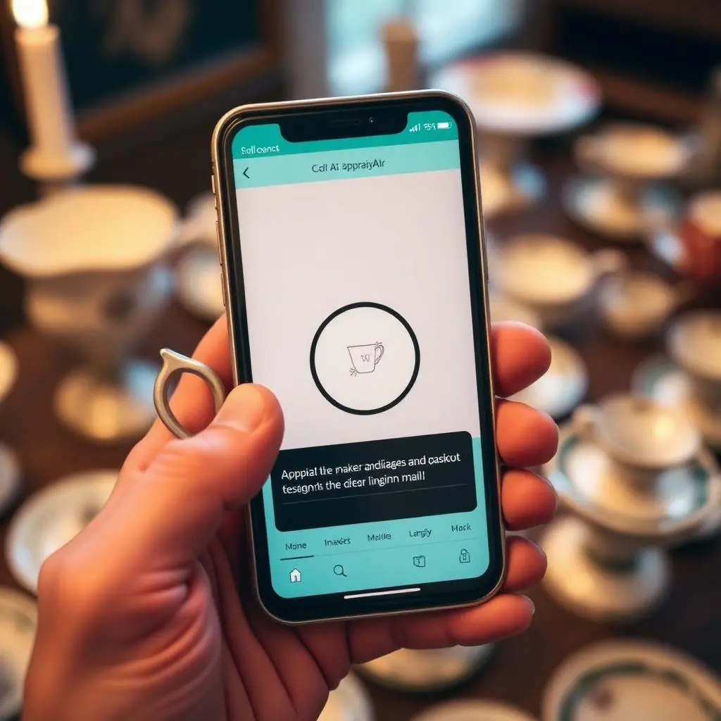 An estate-sale shopper holding up a phone over a vintage teacup, using the EstateSaleFinder Ai Appraiser to identify the maker's mark