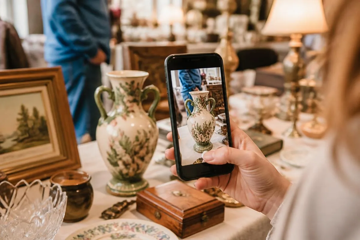 Checking a vintage vase's value with a phone at an estate sale