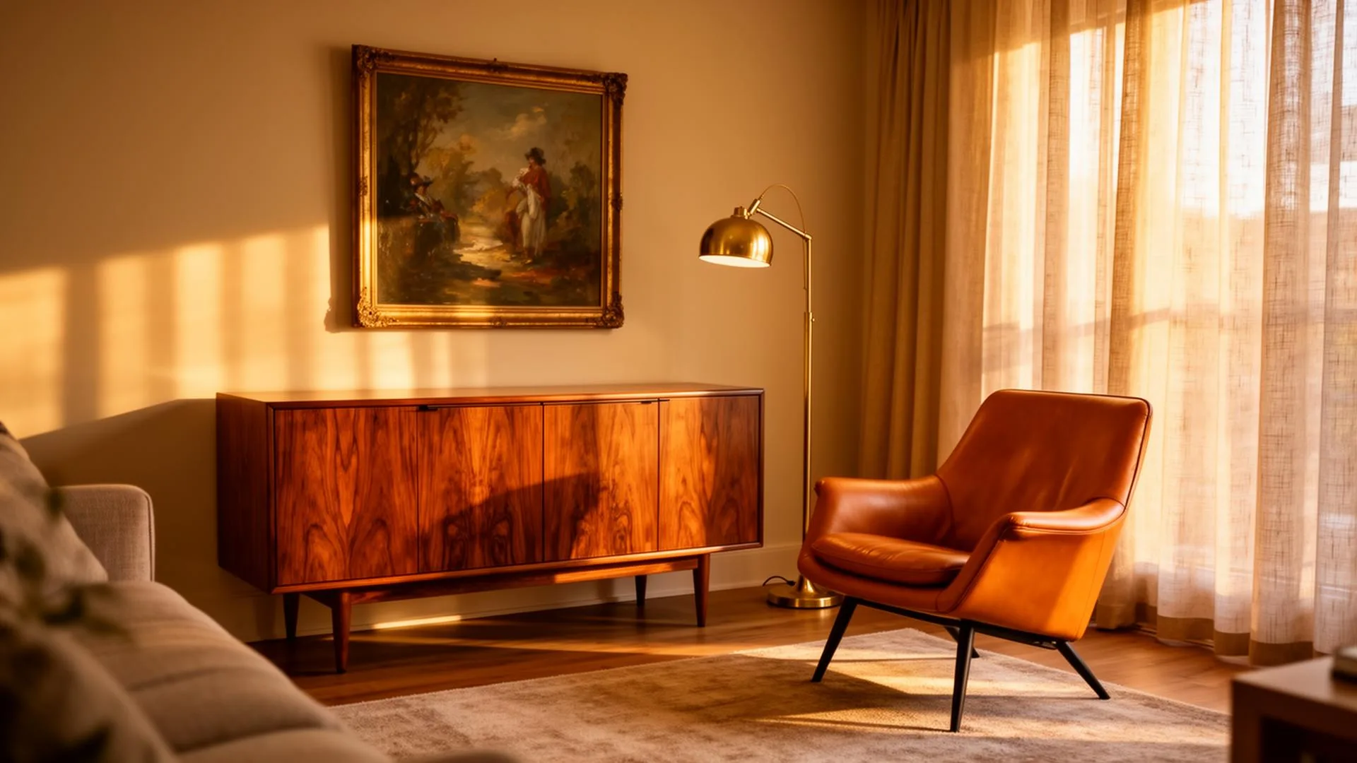 Vintage-furnished short-term rental living room at golden hour