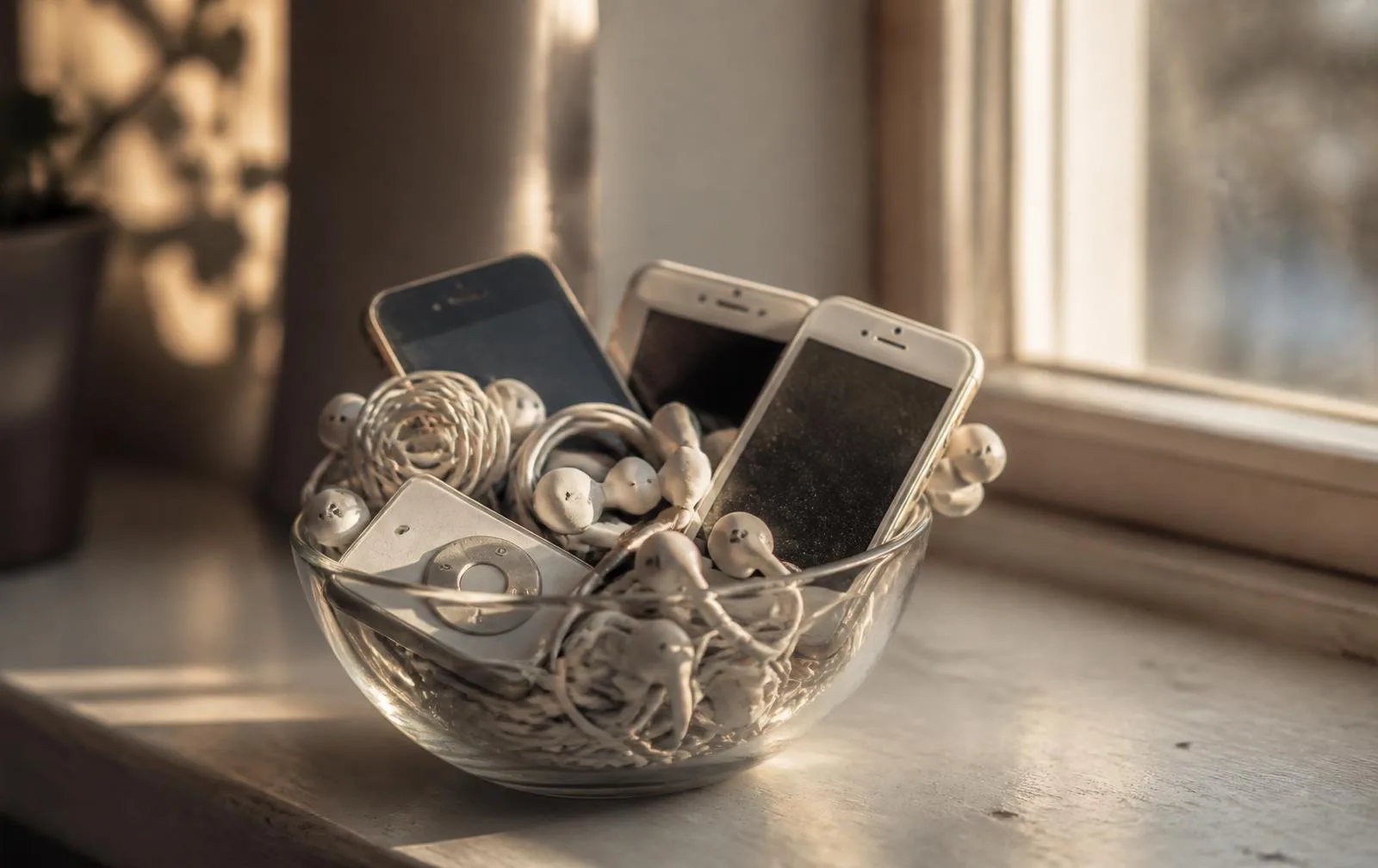 Editorial photo of a small clear glass bowl filled with tangled first-generation AirPods, old iPhones, wired earbuds, and small dead-battery gadgets on a windowsill with a handwritten tag reading 'Electronics $1 each - untested'