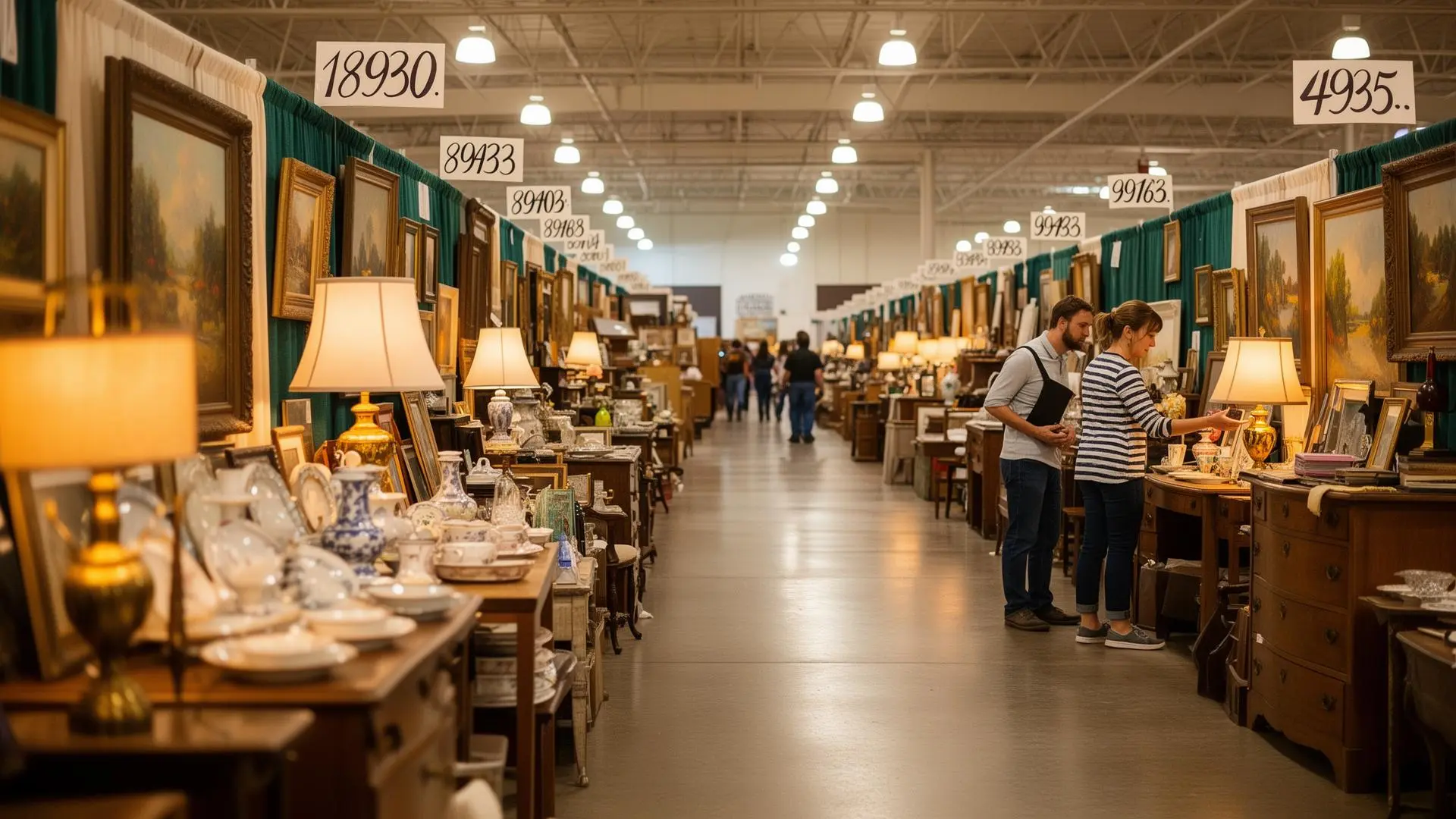 A wide shot looking down the main aisle of a bustling Saturday-morning antique mall β dozens of individually styled vendor booths full of vintage furniture, china, books, lamps, and oil paintings on both sides, with shoppers browsing under warm overhead lighting.