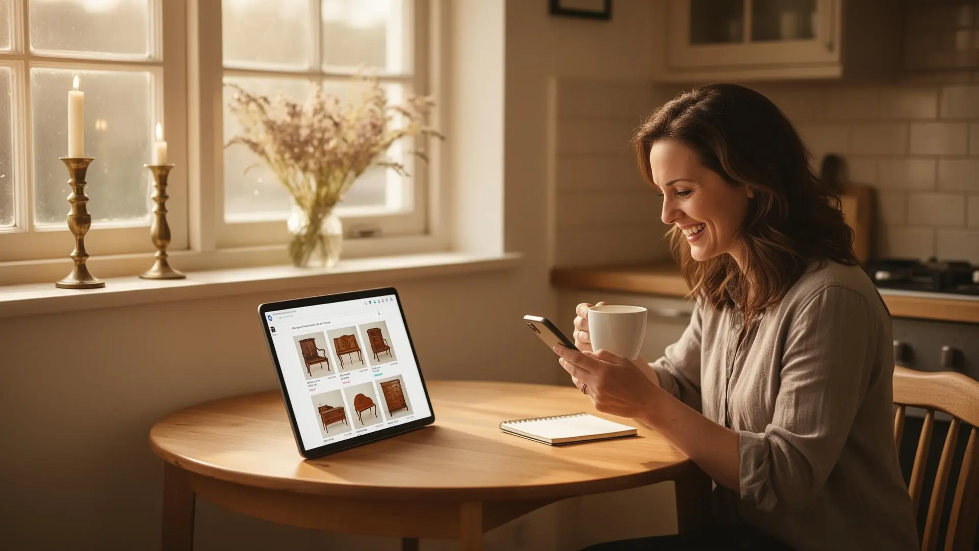 A friendly woman in her thirties at a sunny kitchen table with morning coffee, smiling as she looks at a laptop showing a clean online shop dashboard of antique furniture photos, with a brass candlestick and dried wildflowers on the windowsill.