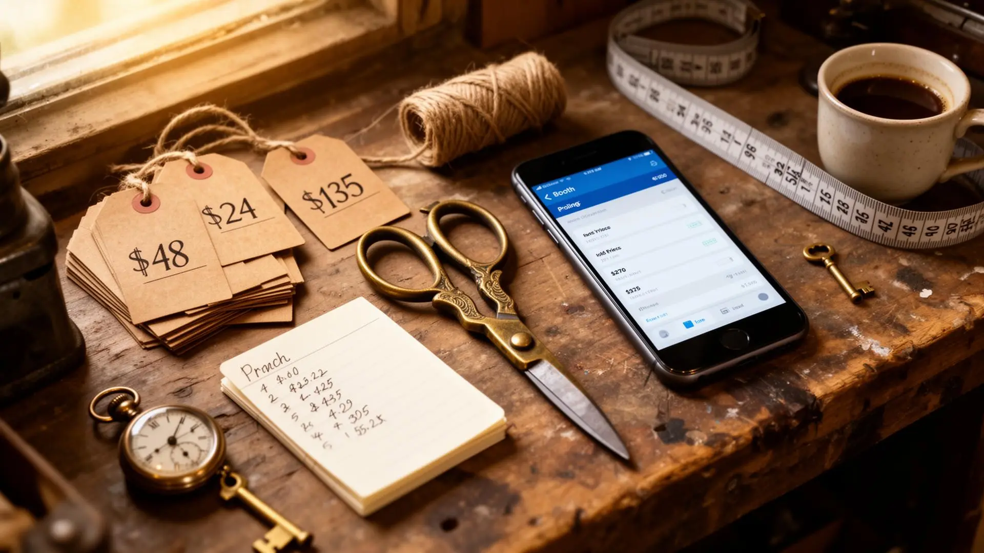 An overhead flat lay of an antique booth seller's pricing workbench β kraft-paper price tags lettered $48, $24, $135, a roll of string, brass scissors, a smartphone with a generic pricing app, a notebook of handwritten inventory, a coffee mug, a pocket watch, and a brass key in warm window light.