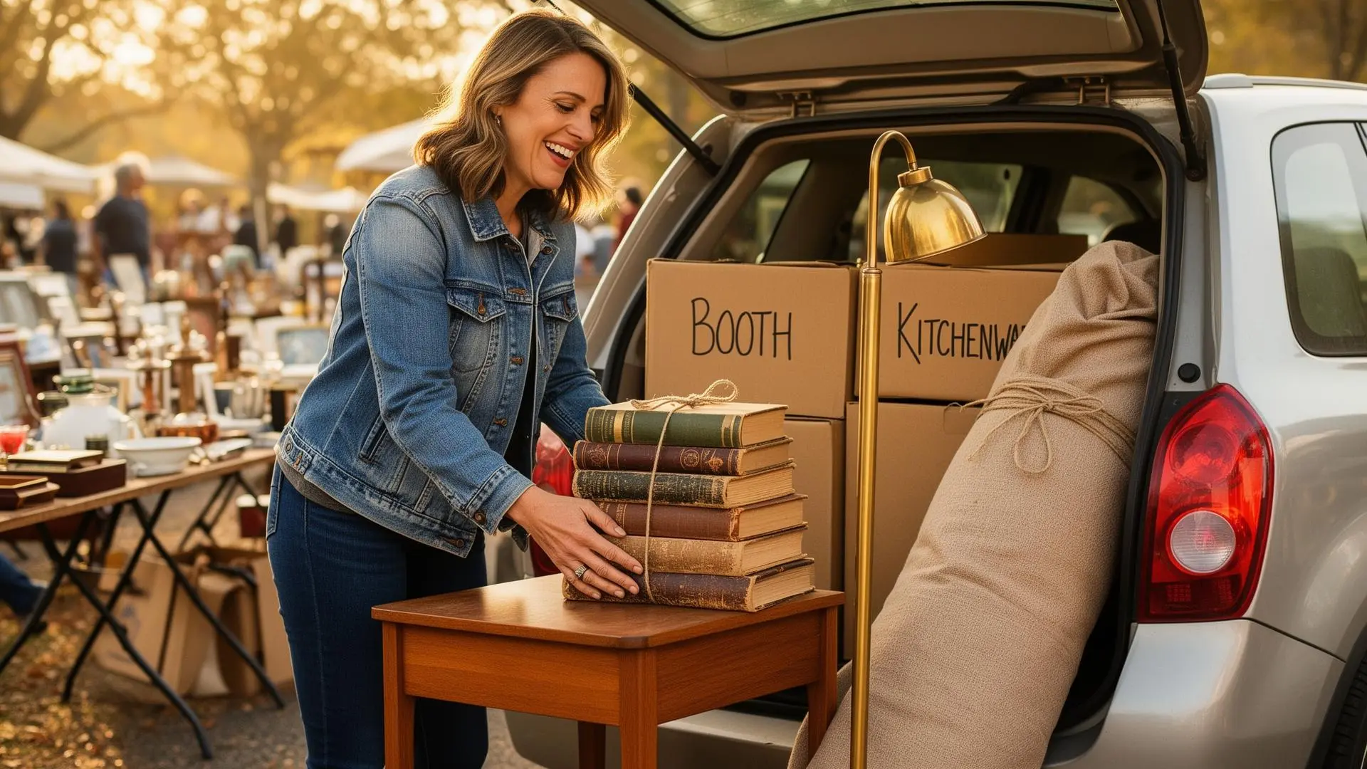 A friendly woman in her late thirties loading the back of a small SUV at a sunny morning estate sale β a mid-century teak side table, a stack of vintage hardcover books tied with twine, a brass floor lamp, and two cardboard boxes marked BOOTH and KITCHENWARE.