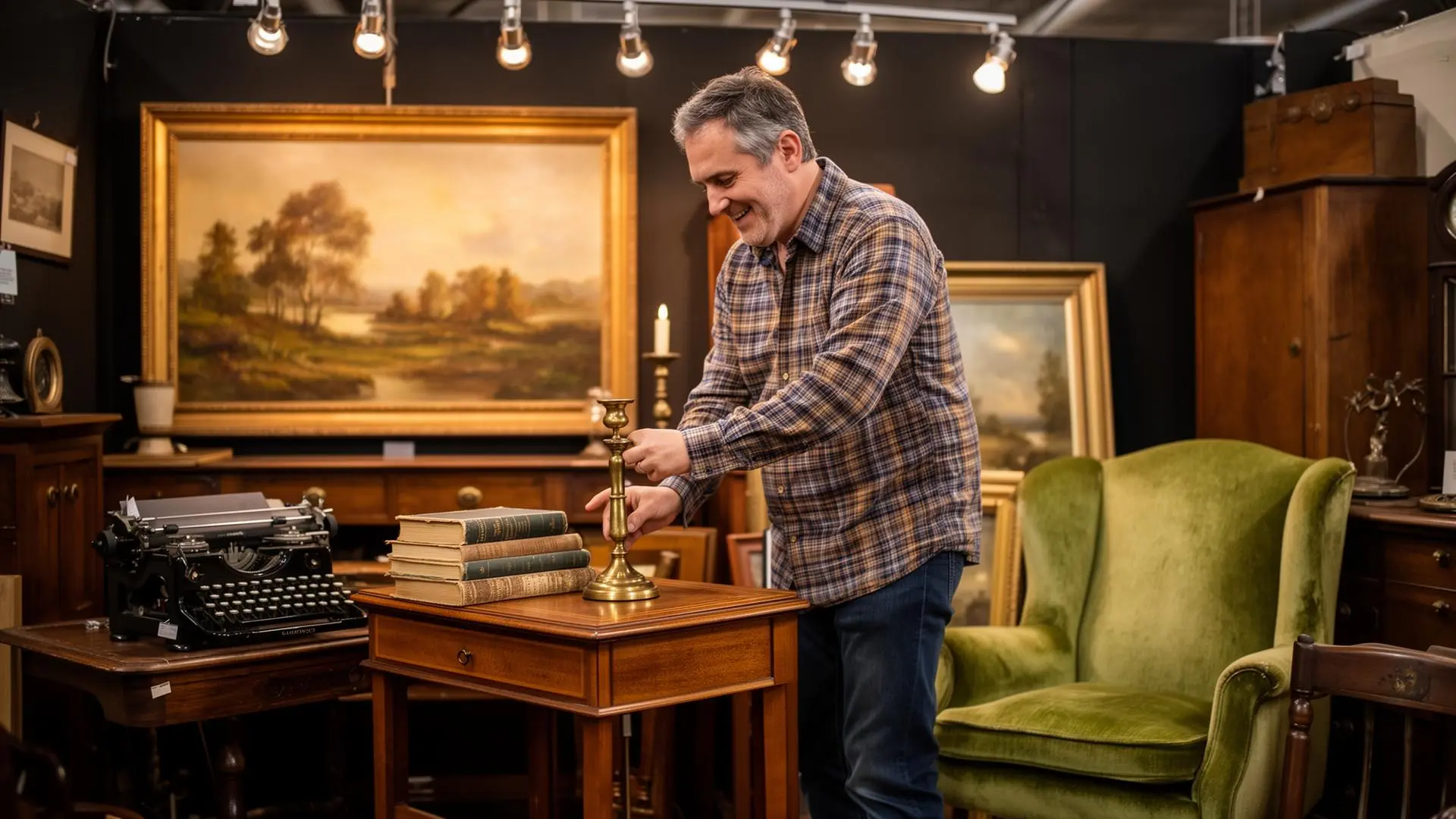 A friendly man in his forties in a plaid flannel arranging a brass candlestick beside a stack of leather books on a walnut writing desk inside his antique booth, with a vintage typewriter, a green velvet wingback chair, and a moody framed oil landscape leaning against the back wall under warm track lighting.
