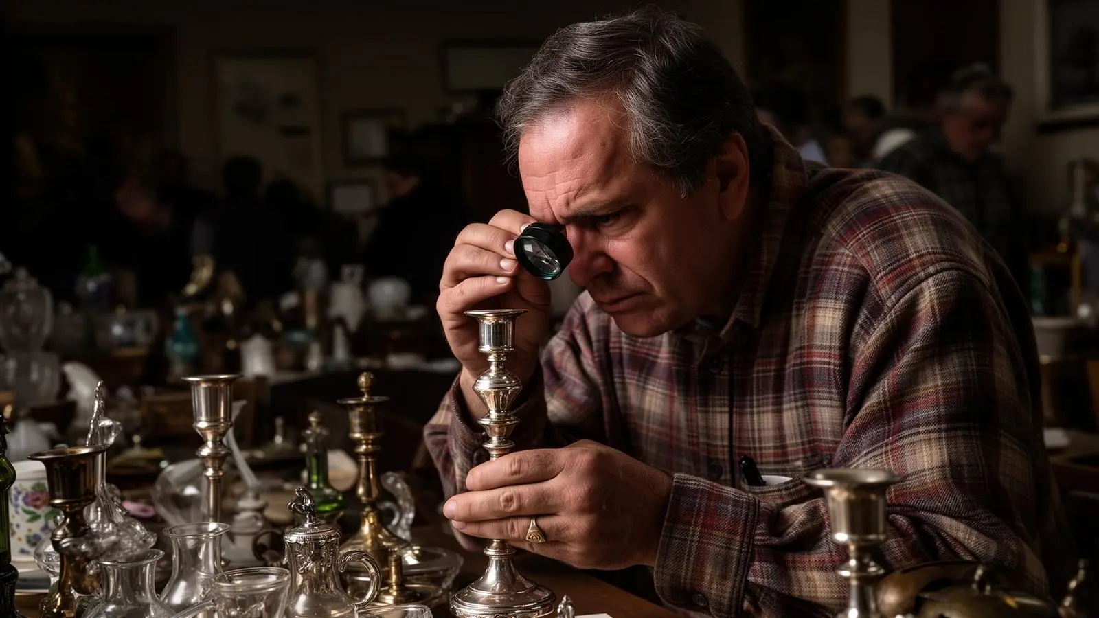Antique dealer examining a sterling silver candlestick with a loupe