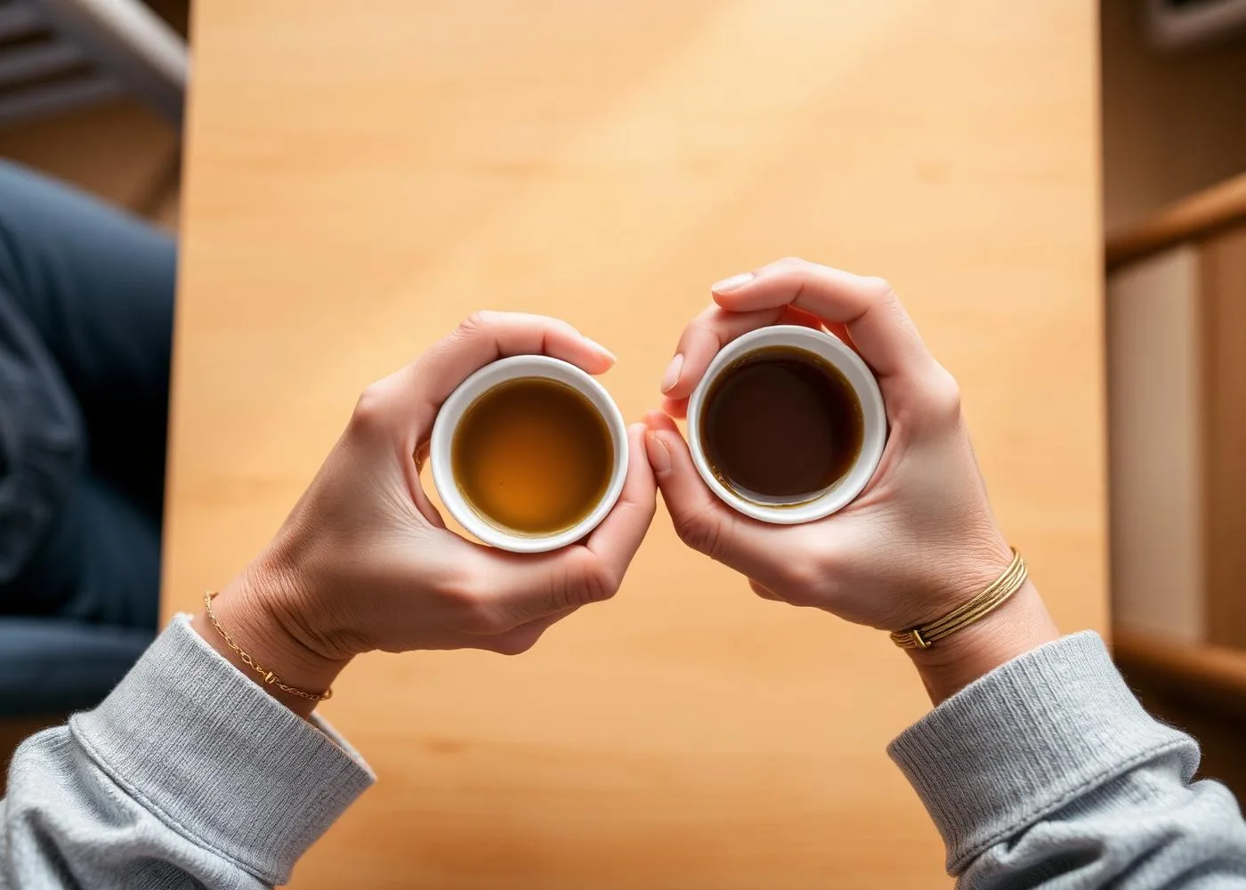 Two pairs of hands holding warm tea cups across a kitchen table
