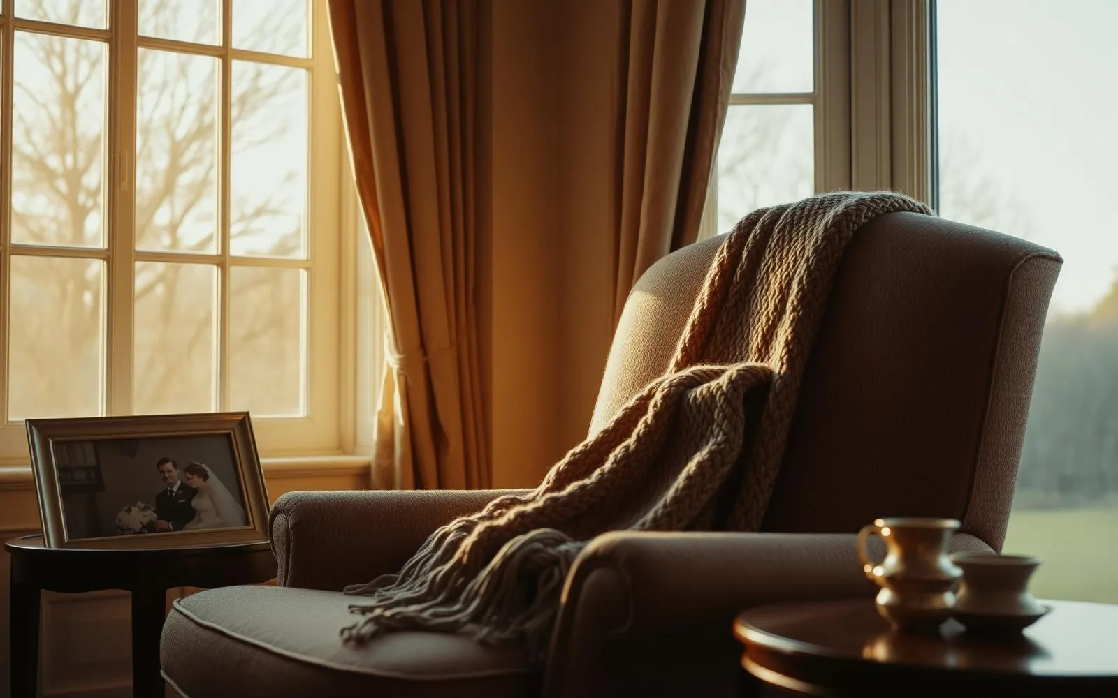 Beloved upholstered armchair beside a sunlit window with a knitted throw