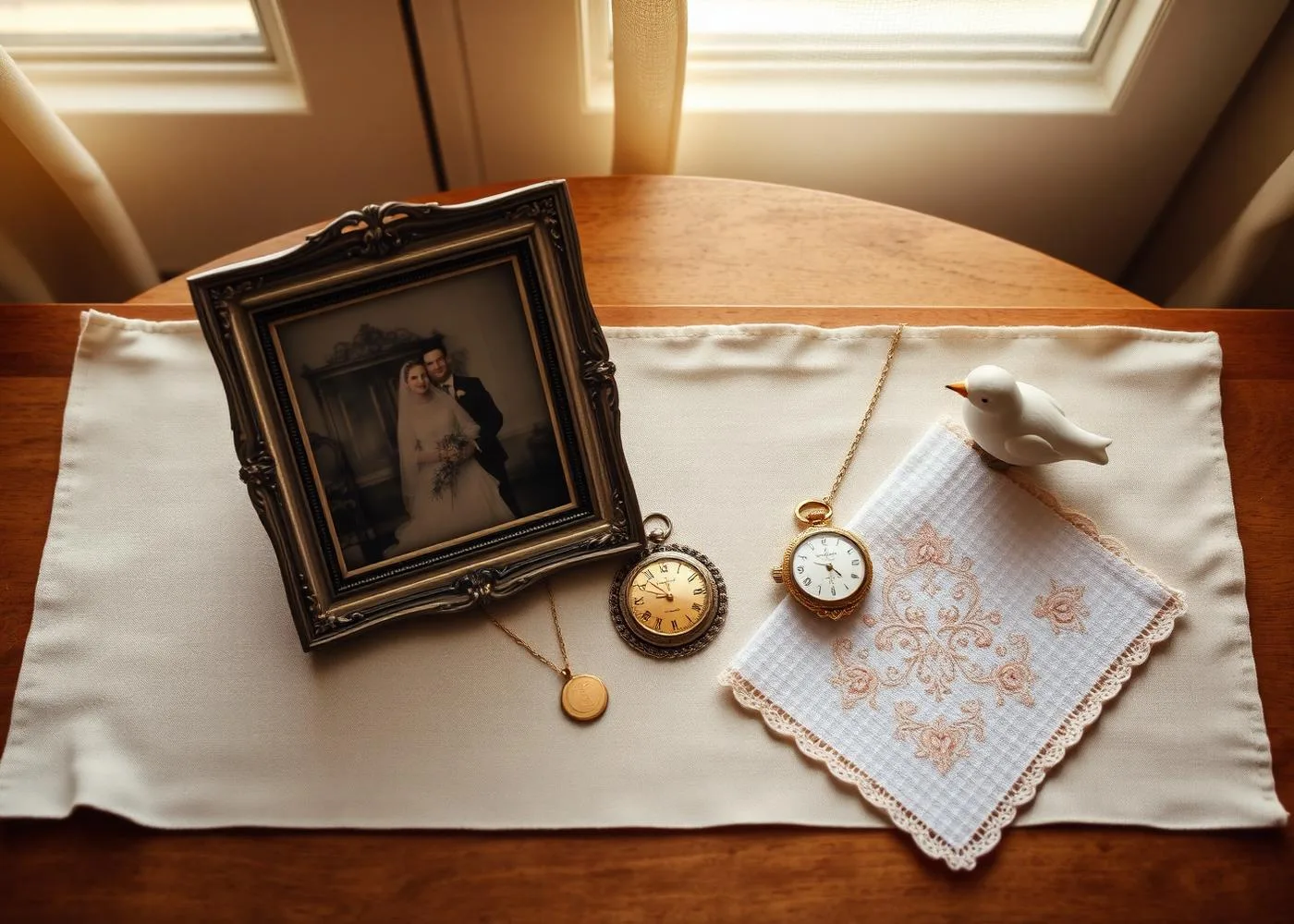 Cherished personal keepsakes — silver-framed wedding photo, locket, vintage watch