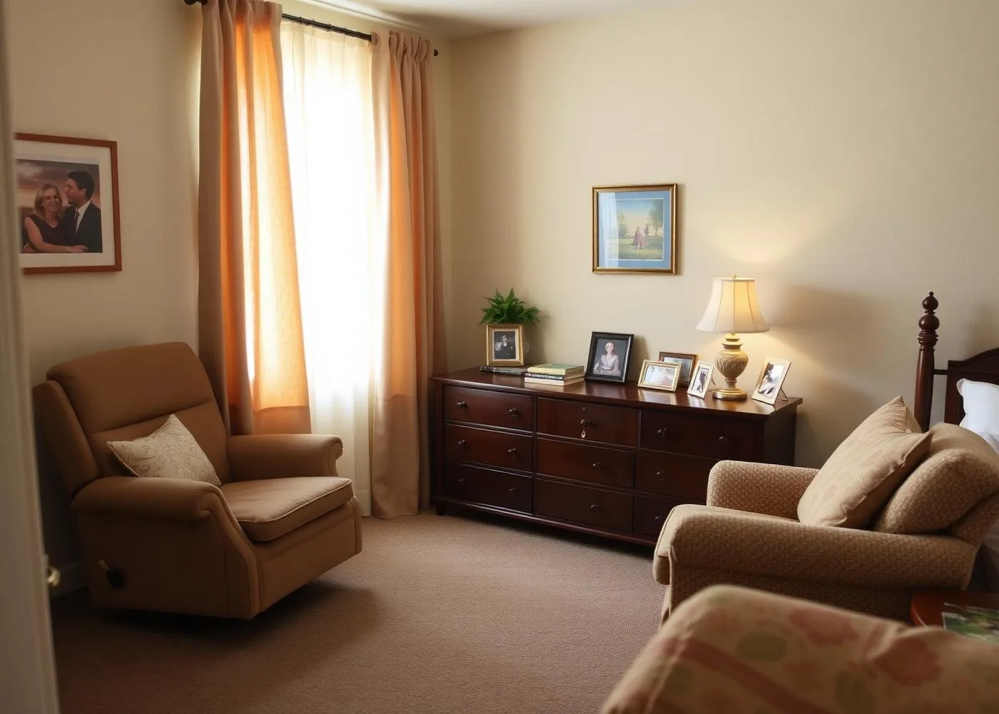 Small assisted-living apartment being arranged with familiar furniture