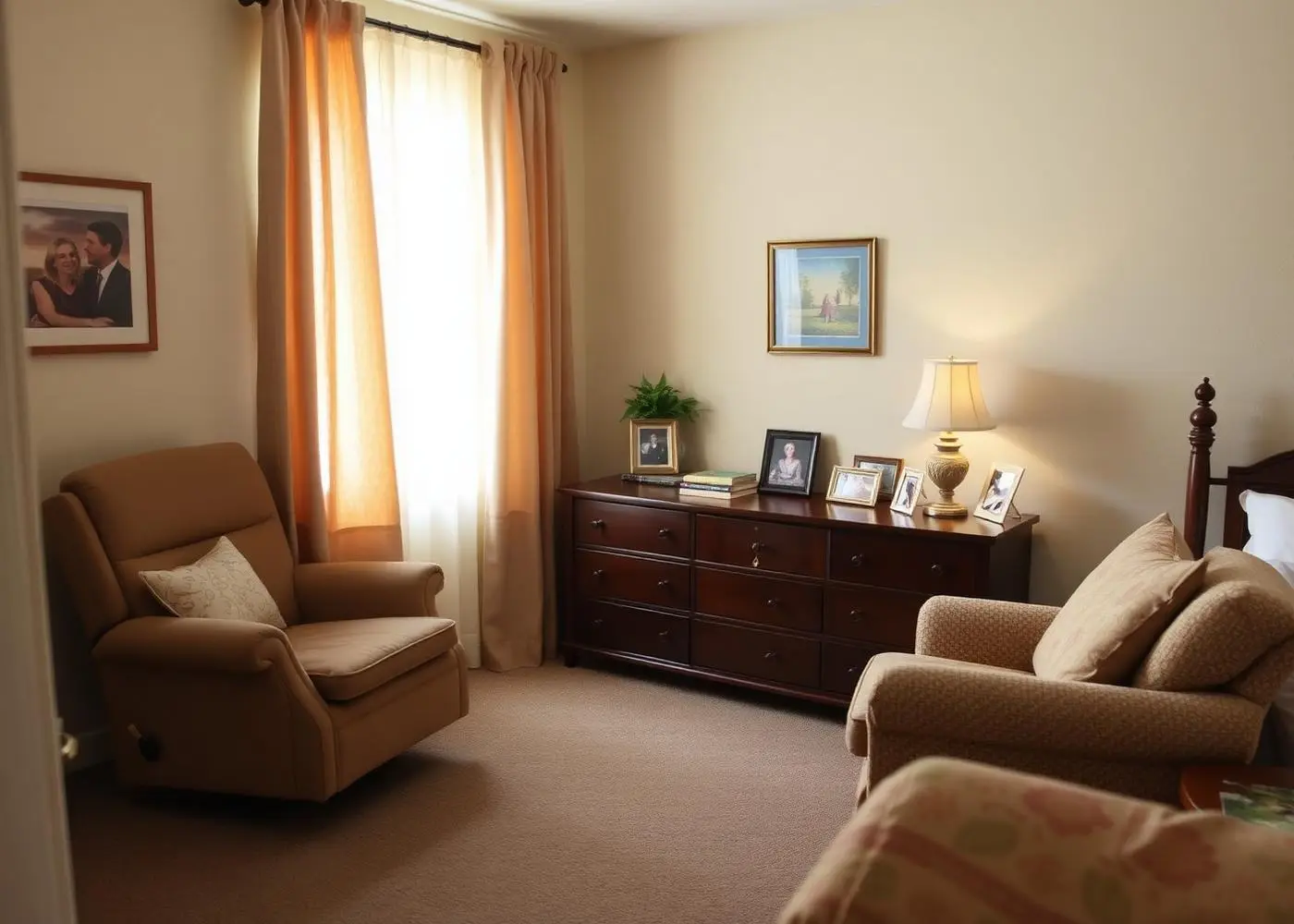 Small assisted-living apartment being arranged with familiar furniture