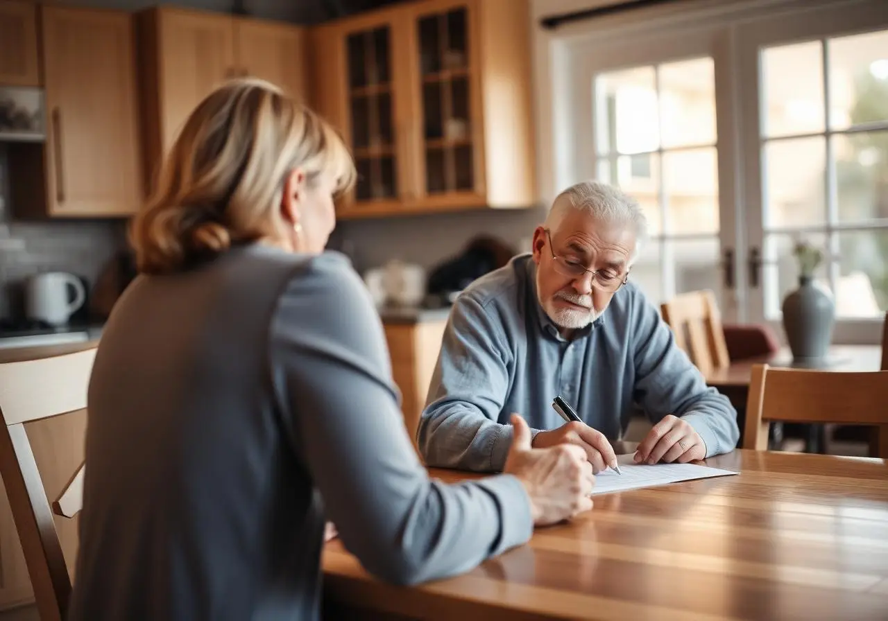 Family signing estate documents at a kitchen table