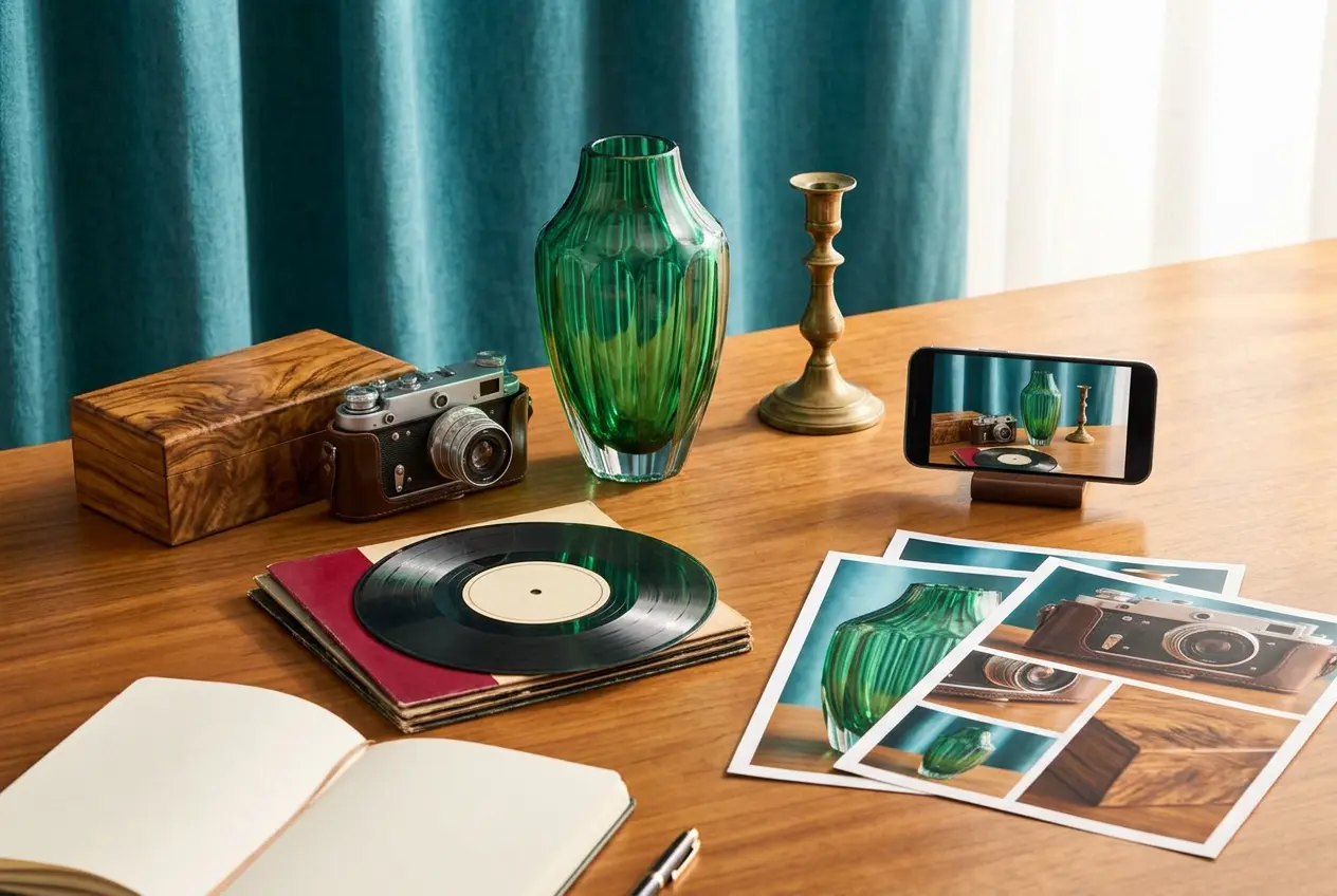 Editorial illustration of auction inventory, including a green glass vase, vintage camera, records, and photographs prepared for online promotion