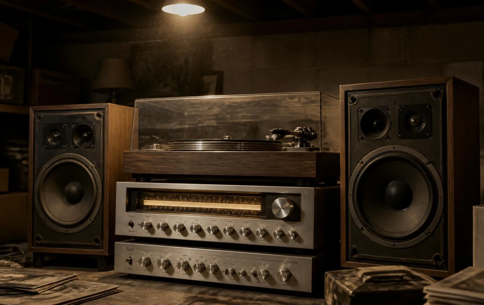 Dusty 1970s hi-fi in a basement: a wide silver-face receiver with backlit dial, a belt-drive turntable and walnut speakers with grilles removed