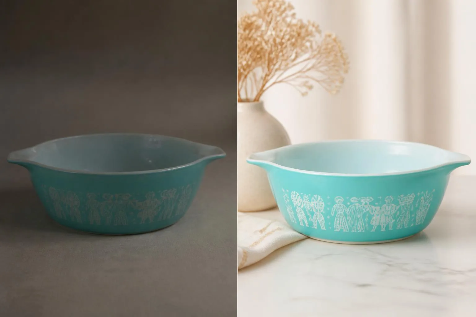 “Brighten all the Pyrex photos.” One sentence, a whole sale fixed — originals always kept.