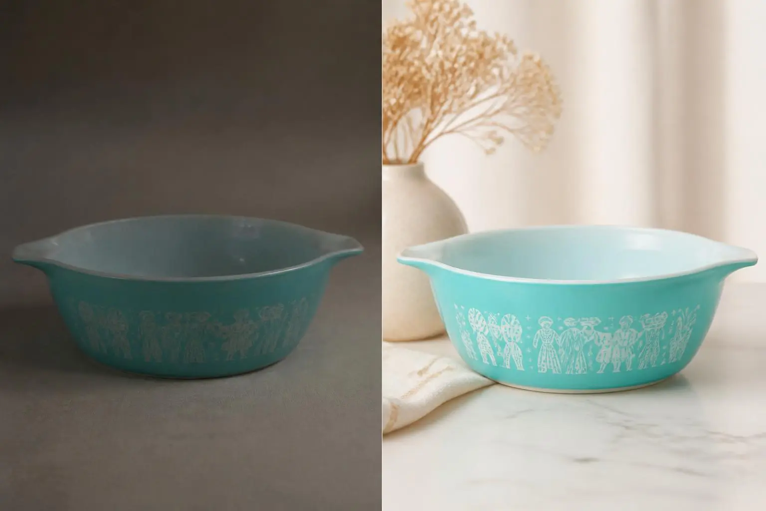 “Brighten all the Pyrex photos.” One sentence, a whole sale fixed — originals always kept.