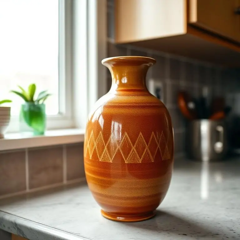 Casual phone photo of a vintage ceramic vase on a kitchen counter