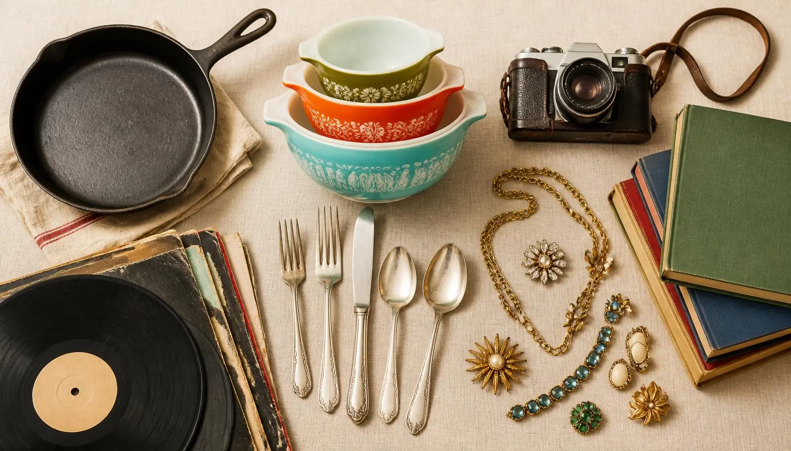 The proven flip categories in one frame: cast iron, patterned Pyrex, a vintage camera, sterling flatware, records, books, and signed costume jewelry.