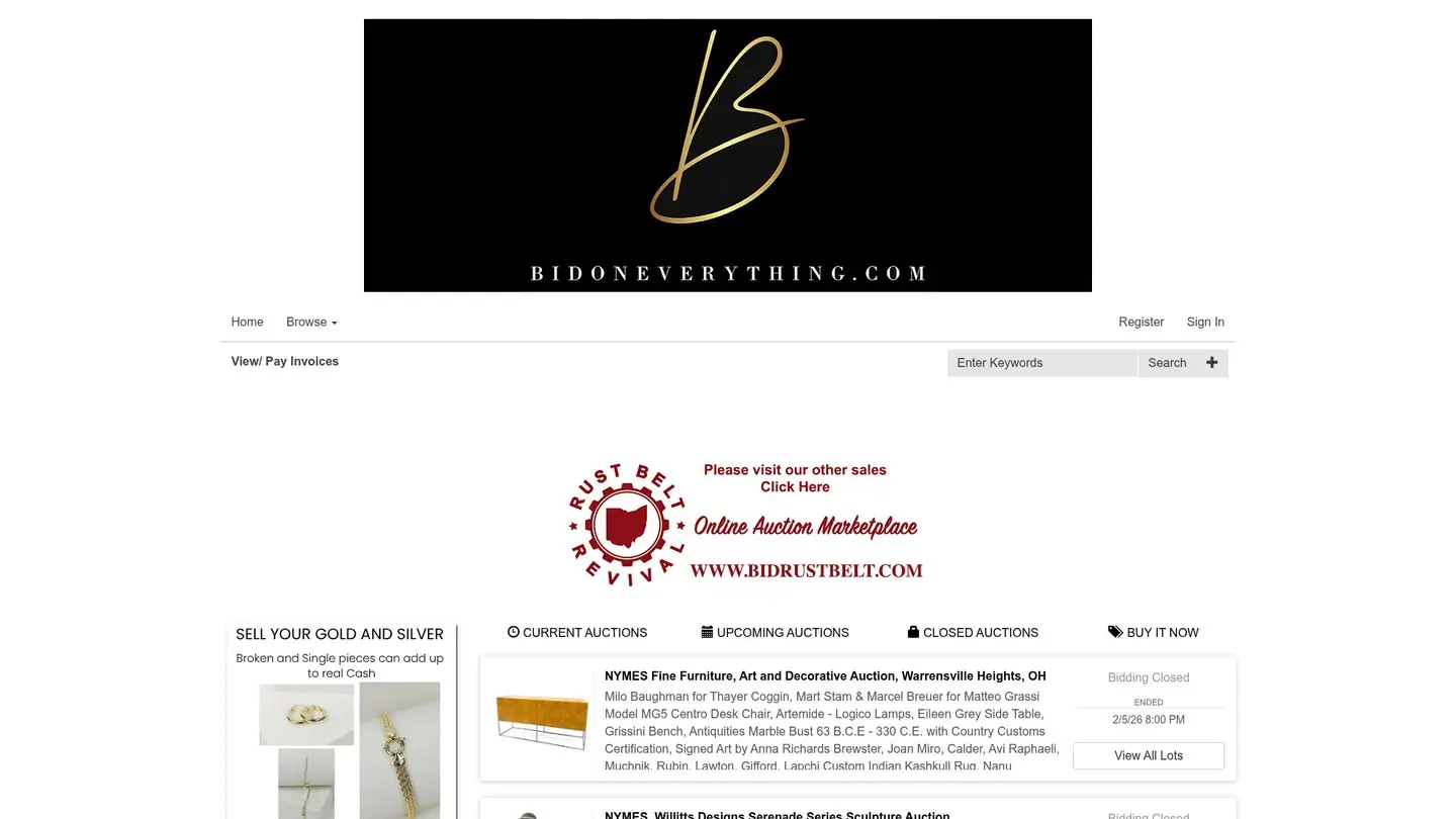 The real Bid On Everything website, showing its auction marketplace and keyword search