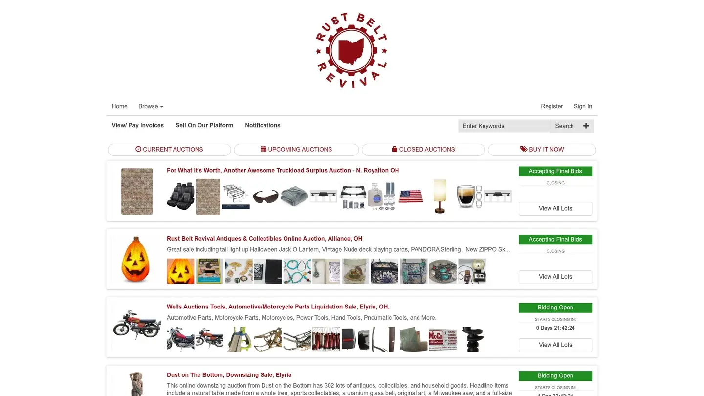 The real BidRustBelt website, showing current online auctions, lot previews, and keyword search
