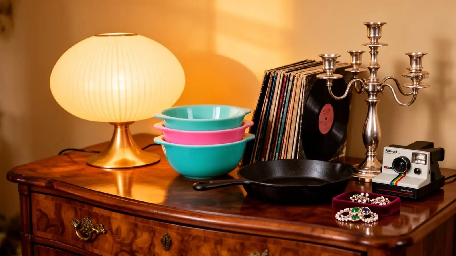 Vintage Pyrex bowls and McCoy pottery on a sale table