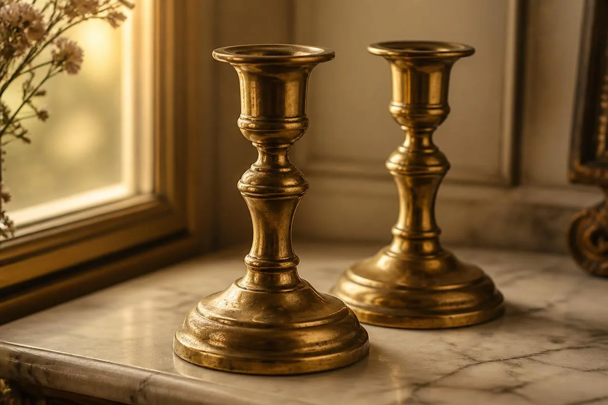 A pair of vintage brass candlesticks with natural patina