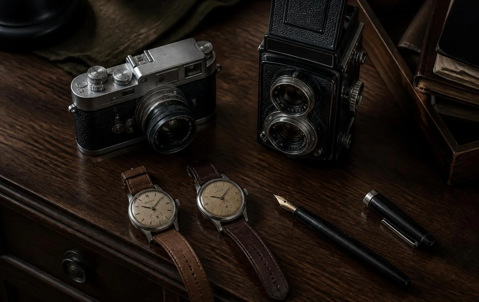 Dark walnut dresser top with a chrome 35mm rangefinder camera, a twin-lens reflex camera, two patinated mechanical watches and a fountain pen with gold nib