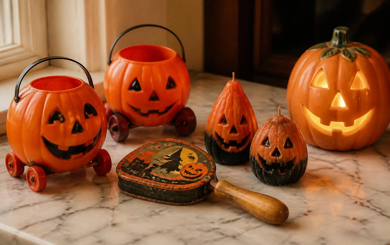 Vintage hard plastic Halloween candy containers on wheels next to a tin noisemaker, wax pumpkin candles and a ceramic jack-o'-lantern