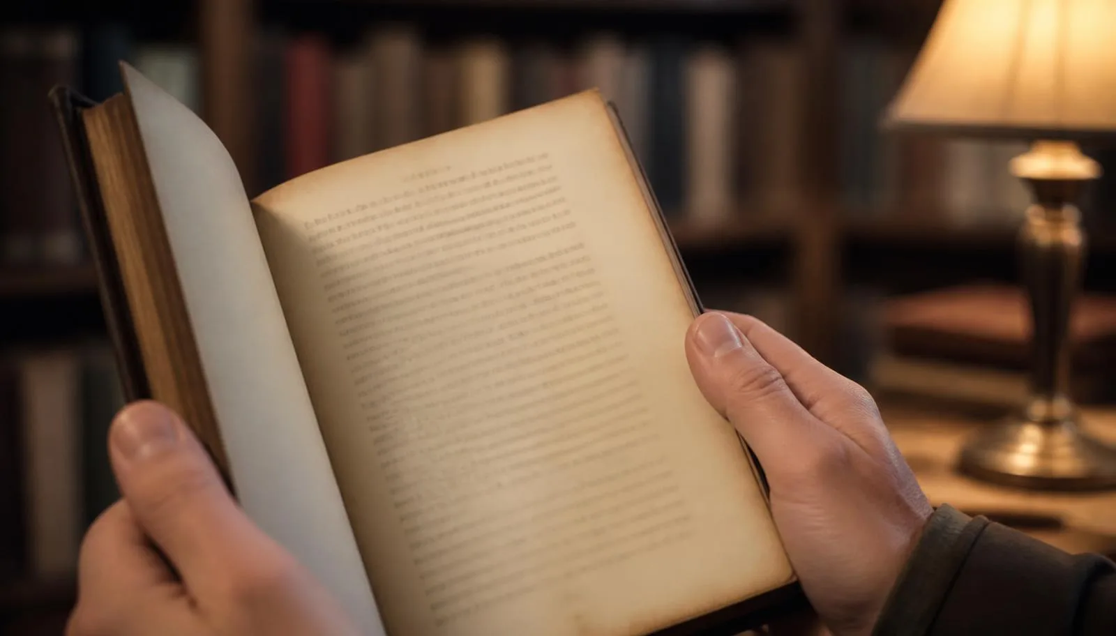 Hands holding an old hardcover book open to the copyright page, tilted toward warm lamplight