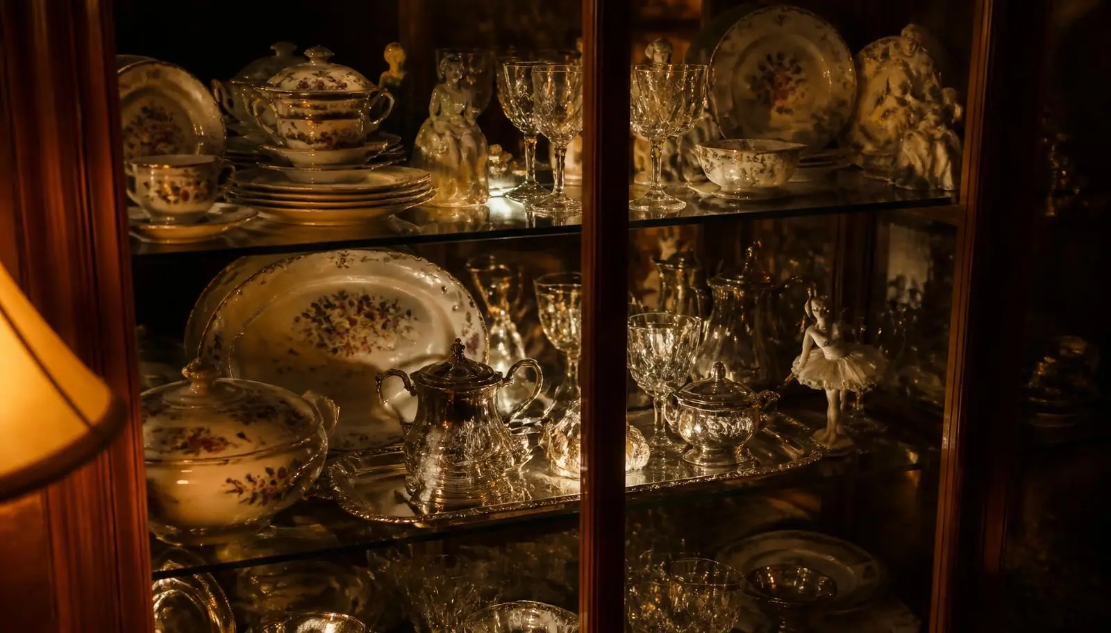 A lighted china cabinet packed with formal bone china, cut crystal stemware, silver-plate serving pieces and porcelain figurines under warm lamp light