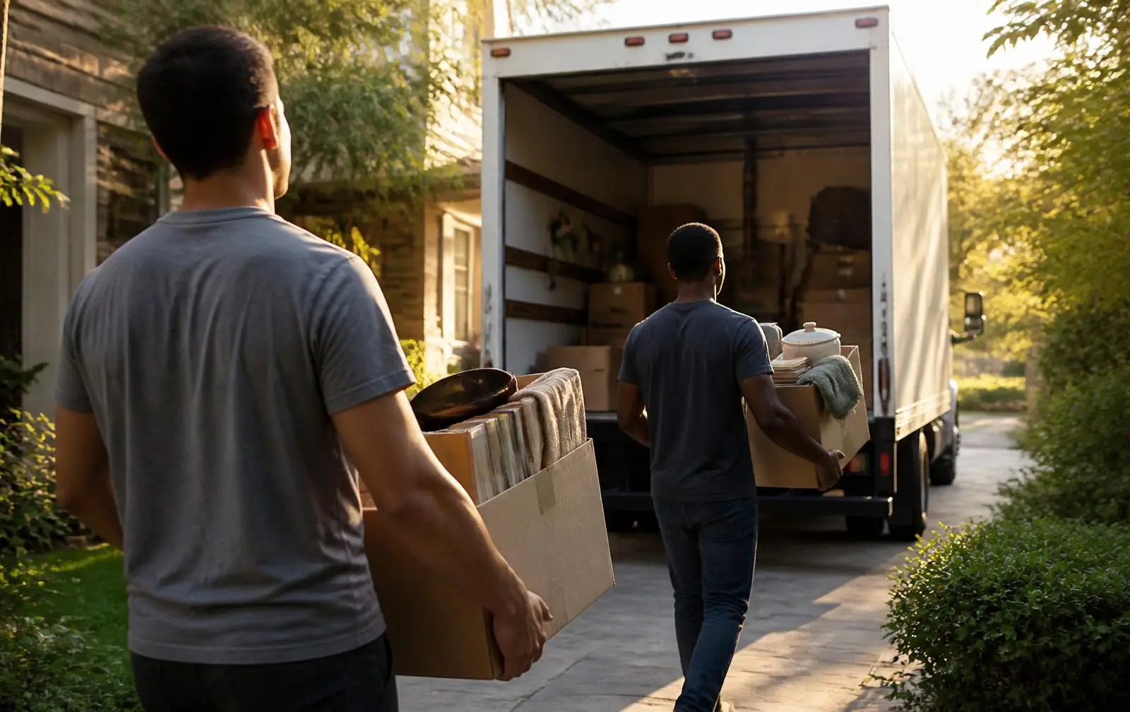 Two workers in gray t-shirts carrying boxes of household items into the open back of an unmarked white box truck parked in a suburban driveway at golden hour