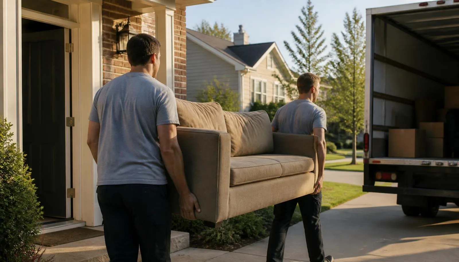 Two workers carrying a sofa out the front door of a suburban home toward an open box truck in the driveway