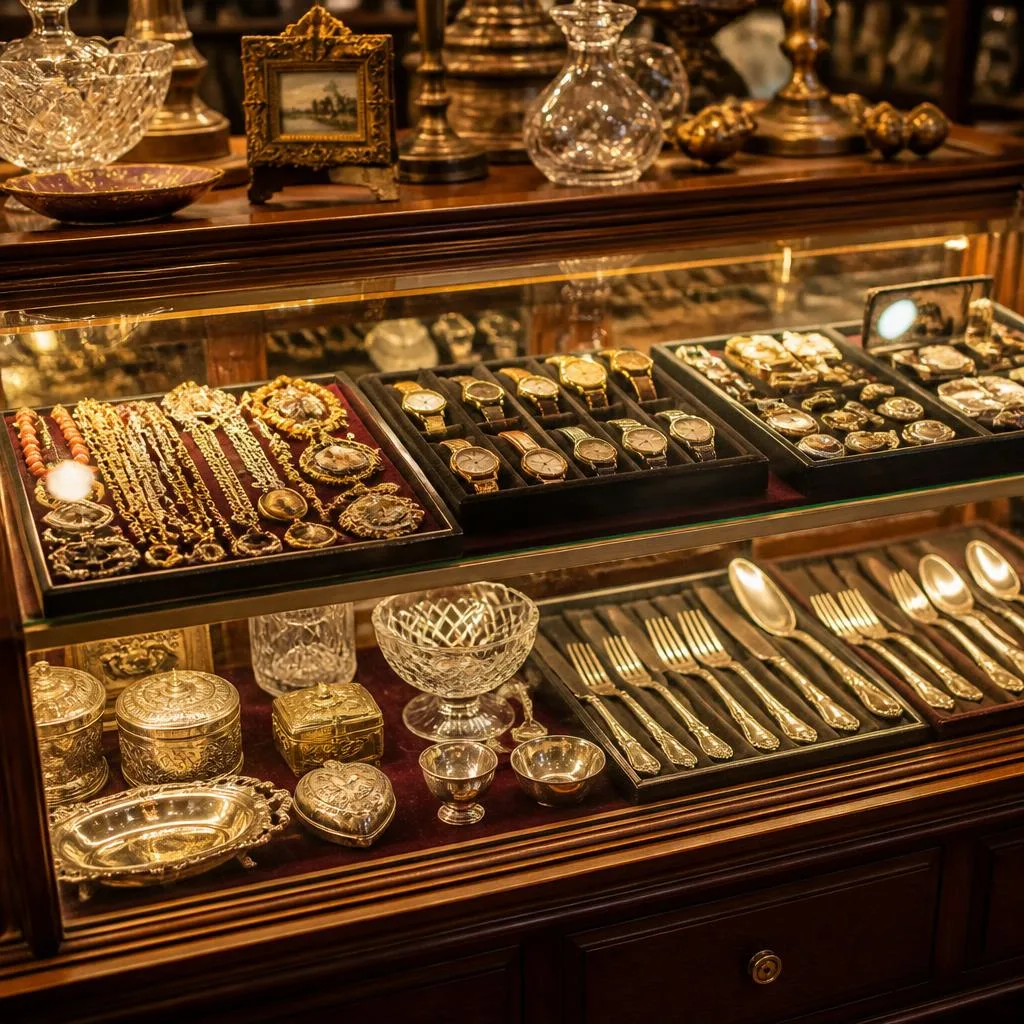 Estate sale display case filled with vintage jewelry, watches, and silverware