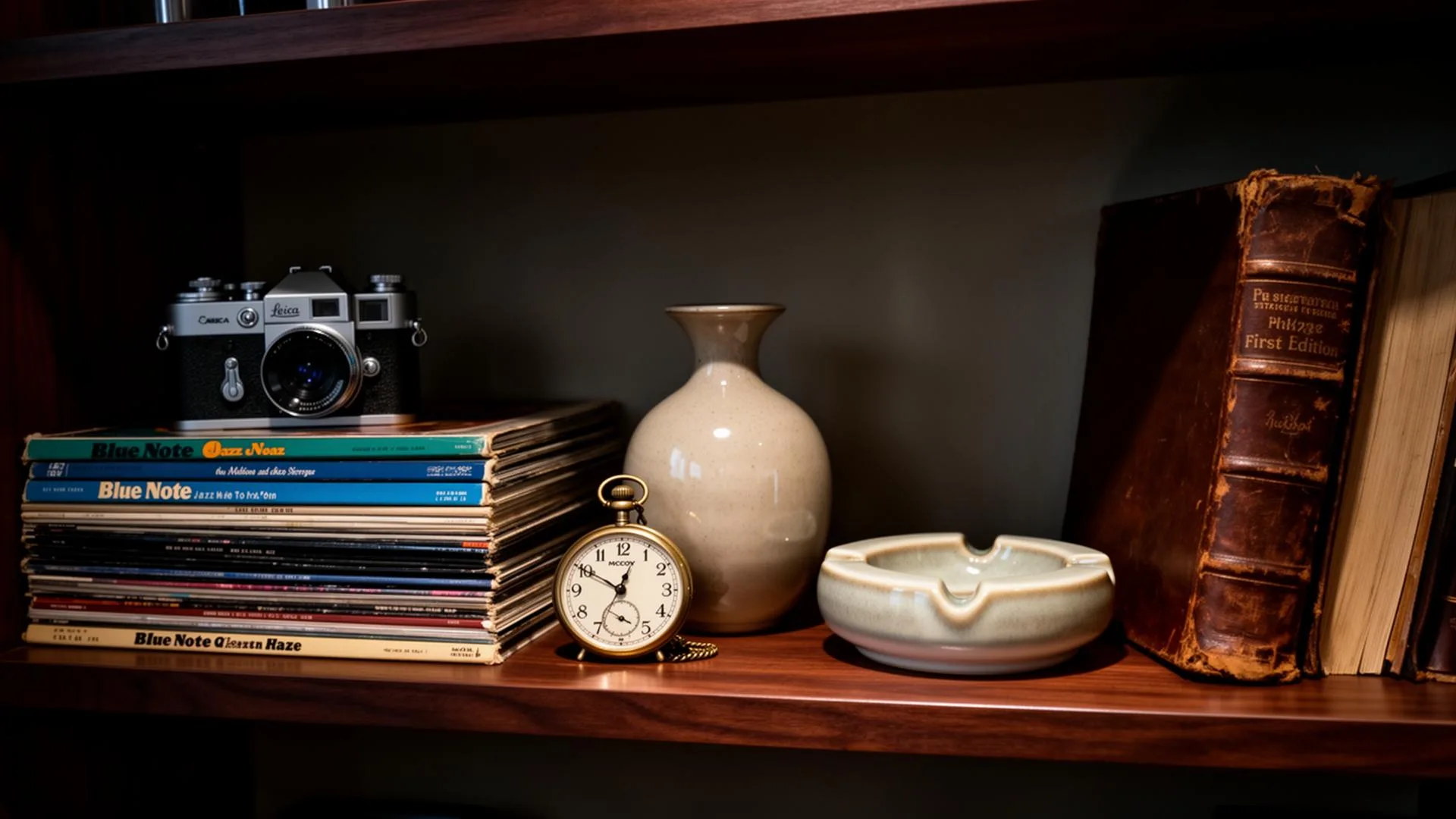 Curated wall of vintage collectibles — Leica camera, Blue Note records, McCoy pottery