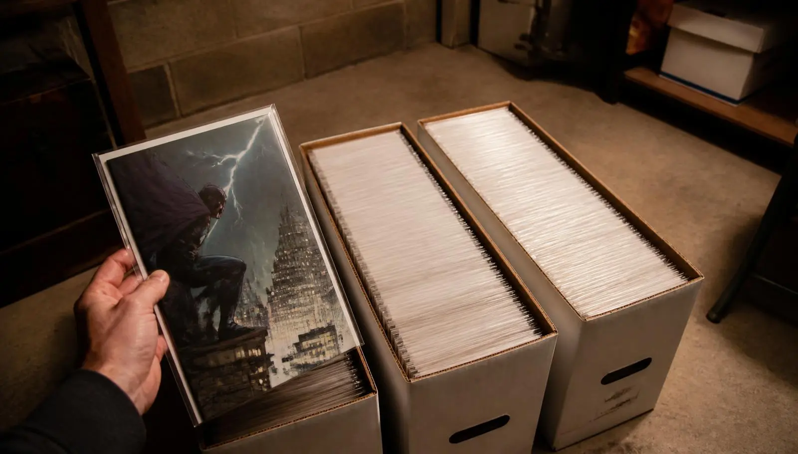 Three white cardboard comic long boxes on a basement floor, packed with bagged and boarded comics, with one comic held up in a hand