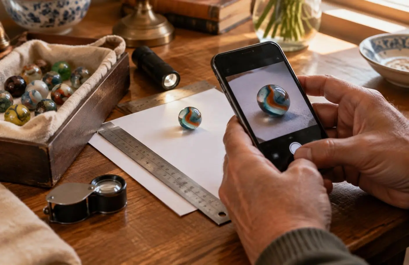A collector photographing a marble on white paper beside a ruler, flashlight and loupe