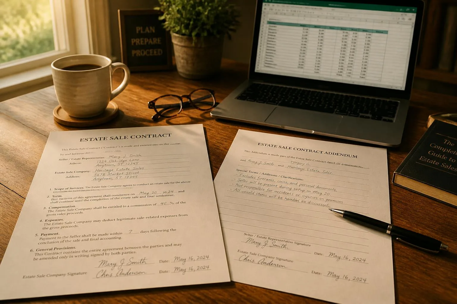 Estate sale contract and addendum paperwork on a desk with a laptop and pen