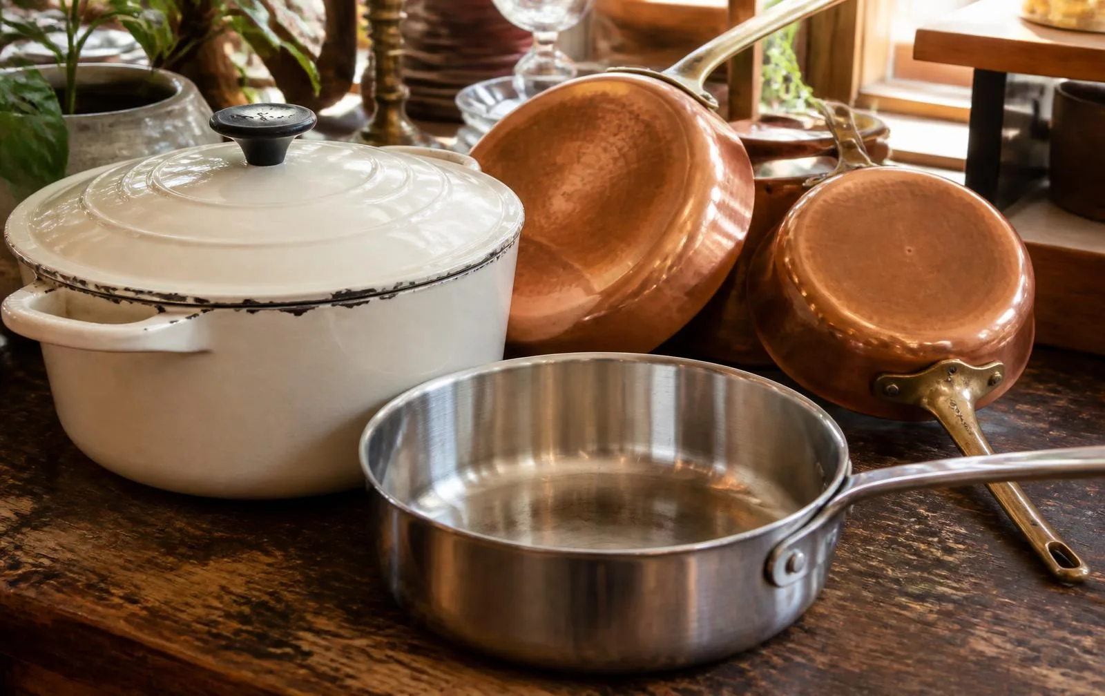 Estate sale kitchen counter with an enameled cast iron dutch oven, thick hammered copper pans with brass handles and a tri-ply stainless sauté pan