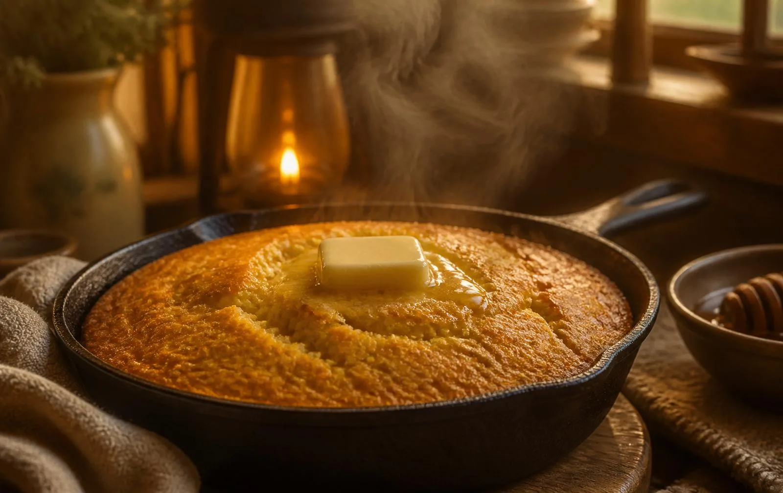 A golden skillet cornbread with melting butter, steaming in a warm farmhouse kitchen