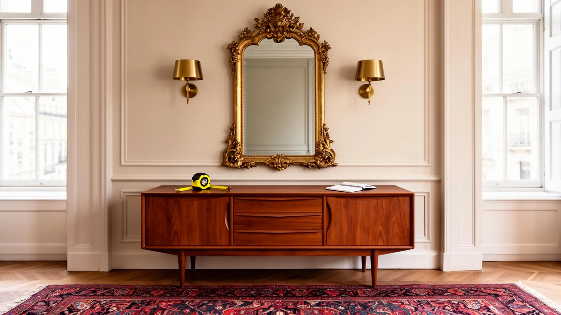 Designer interior with gilt mirror, teak credenza, and brass sconces